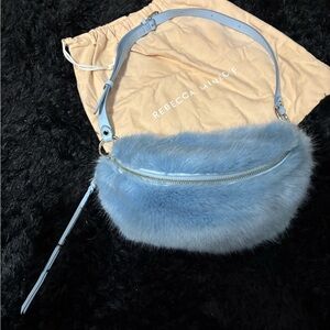 𝅺Rebecca Minkoff Powder Blue Faux Fur Convertible Belt Bag Fanny Pack Sling Bag